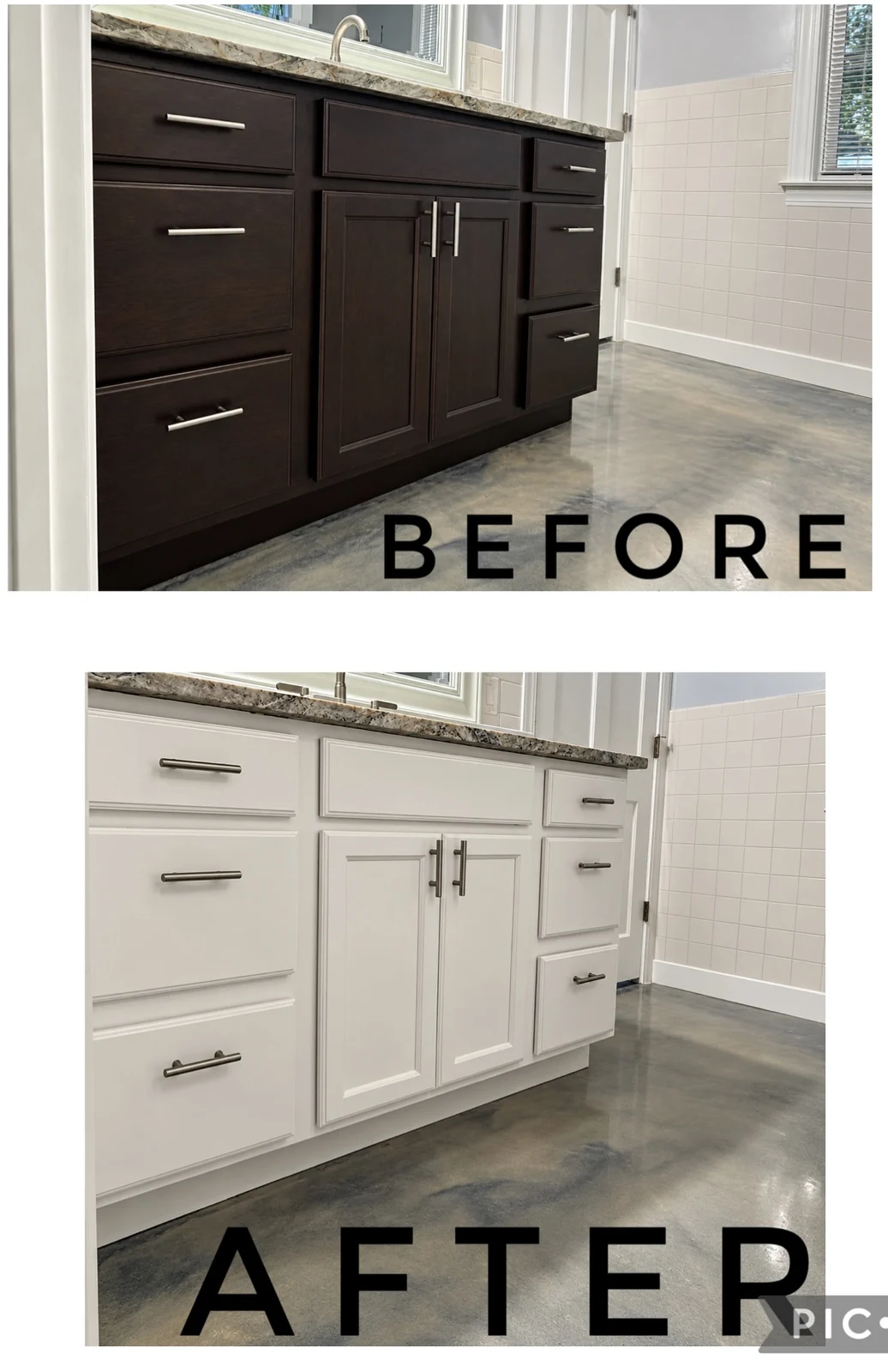 Bathroom vanity before and after: dark brown cabinets above, white painted cabinets below.