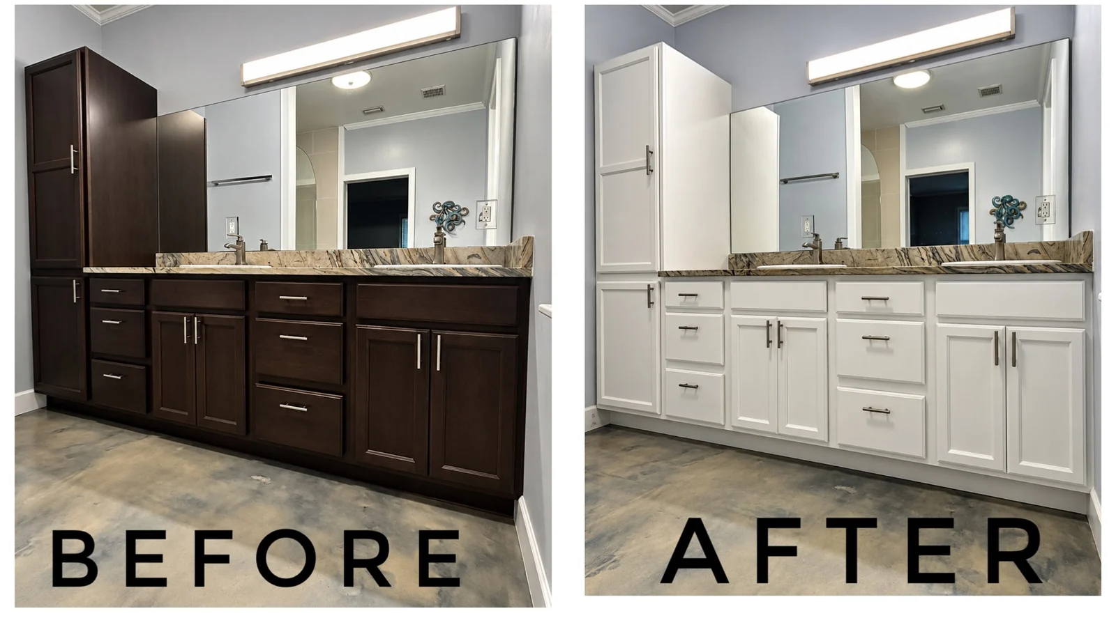 Bathroom vanity before and after: dark brown cabinets on the left, white painted cabinets on the right.