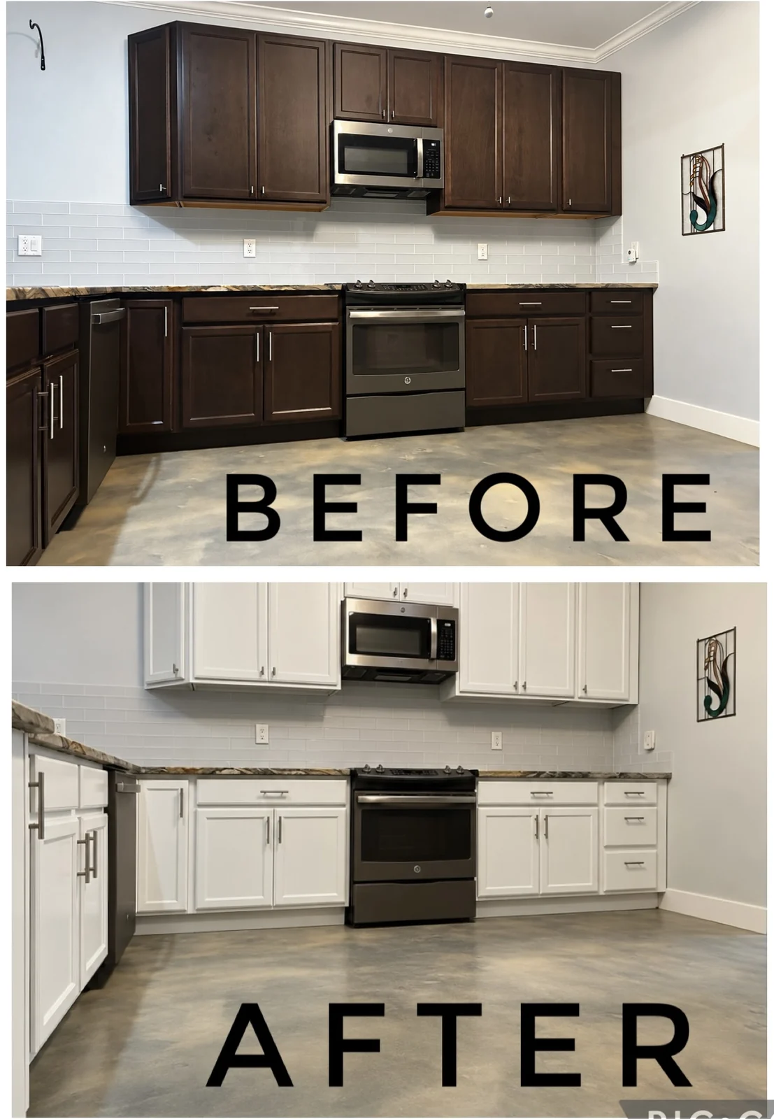 Kitchen before and after facing the stove: dark brown cabinets above, white painted cabinets below.