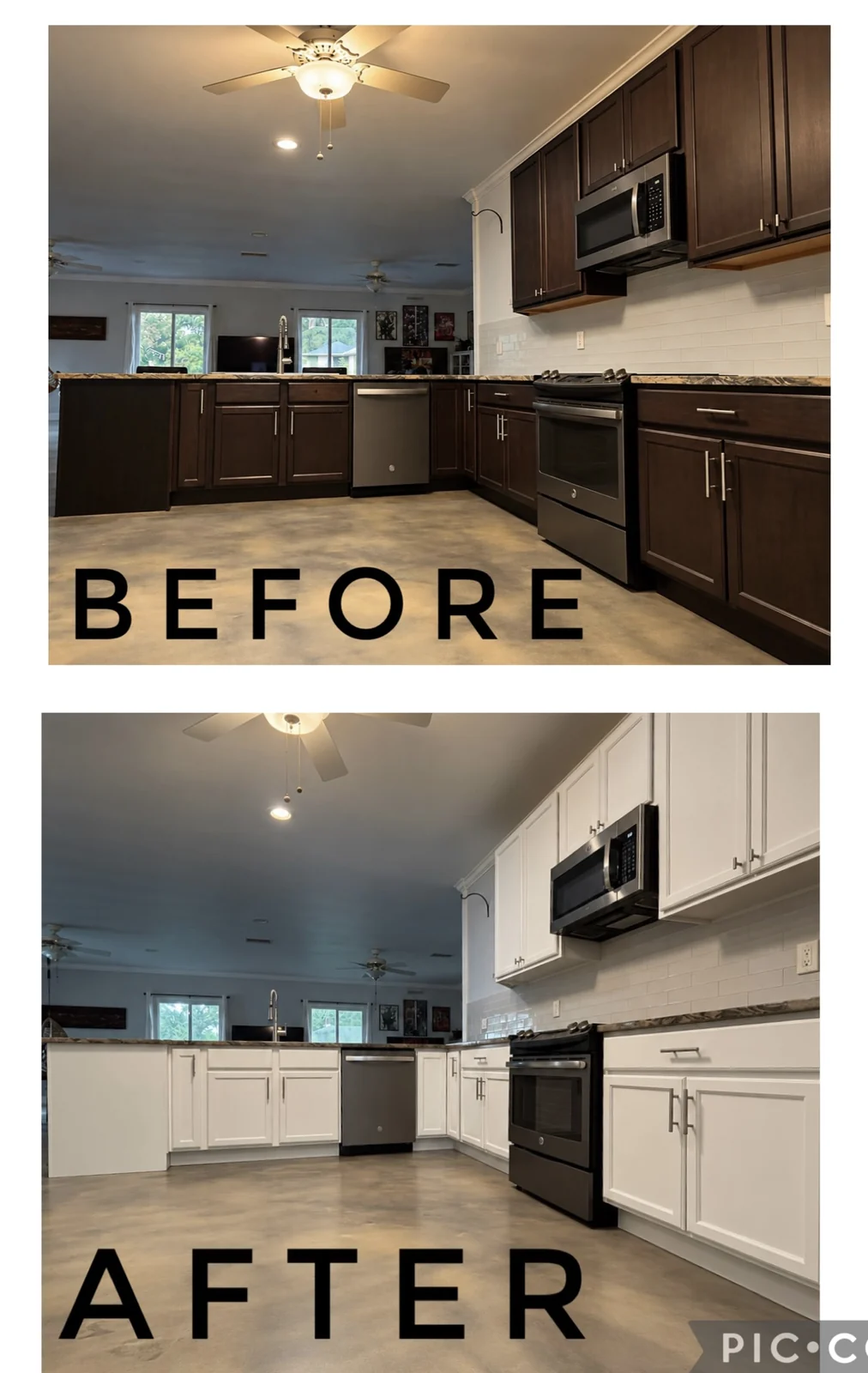 Kitchen before and after: dark brown cabinets above, white painted cabinets below, viewed across the room.